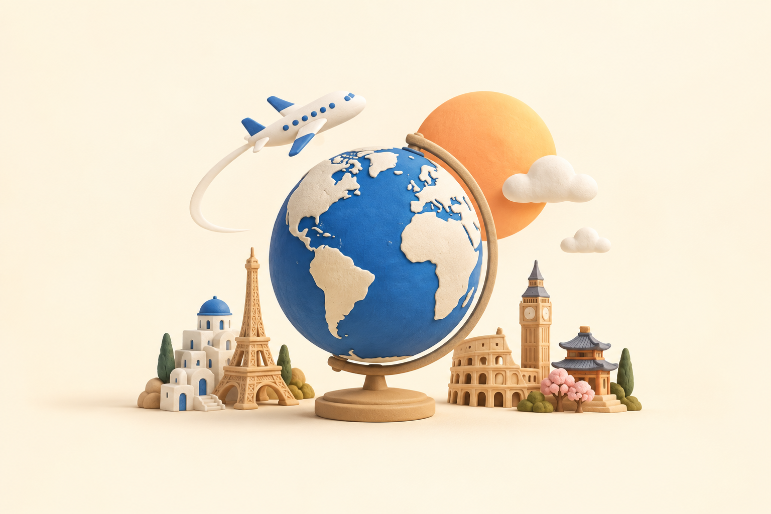 A blue globe, little airplane and colourful miniature city landmarks